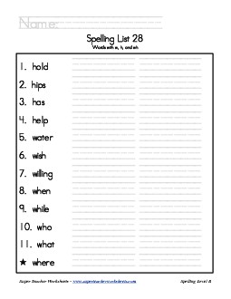 List 28: Word List Spelling Worksheet