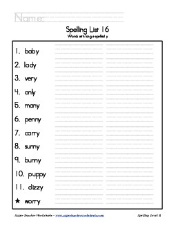 List 16: Word List Spelling Worksheet