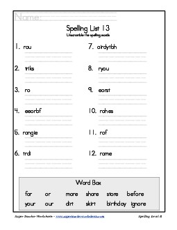 List 13: Word Scramble Spelling Worksheet