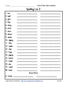 List 2: Word List Free Spelling Worksheet