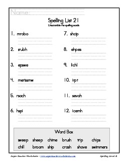 List 21: Word Scramble Spelling Worksheet