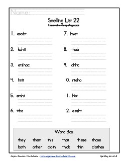 List 22: Word Scramble Spelling Worksheet