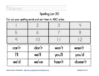 List 20:  ABC Order Spelling Worksheet