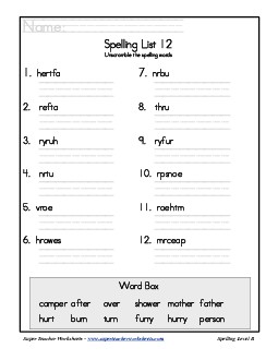 List 12: Word Scramble Spelling Worksheet