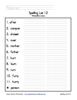 List 12: Word List Spelling Worksheet