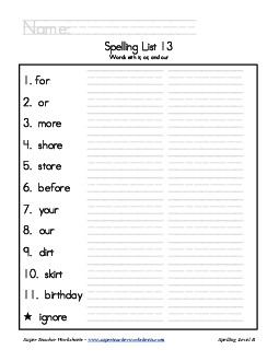 List 13: Word List Spelling Worksheet