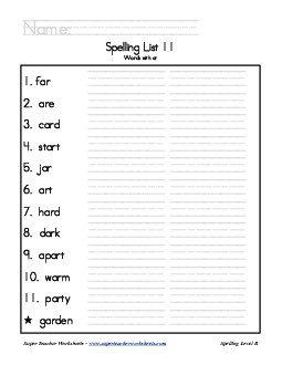 List 11: Word List Spelling Worksheet