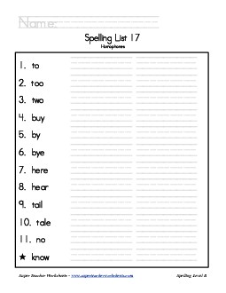 List 17: Word List Spelling Worksheet