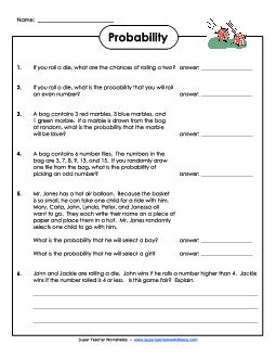 Probability Word Problems Worksheet