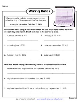 Writing Dates (Commas) Punctuation Worksheet