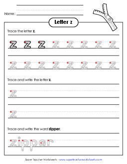 Lowercase z (Outlined Letters) Printing Handwriting Worksheet