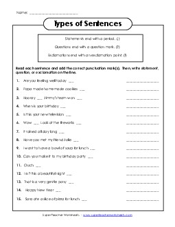 Types of Sentences Punctuation Worksheet