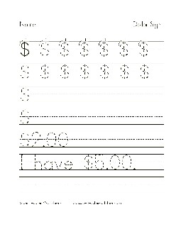 Dollar Sign $ Printing Worksheet