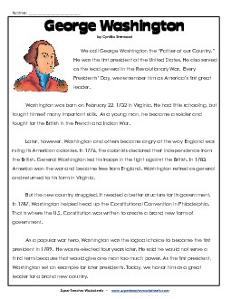 George Washington Article Reading Comprehension Worksheet