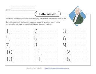 Washington Letter Mix (Primary) Presidents Day Worksheet