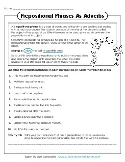 Prepositional Phrases as Adverbs Prepositions Worksheet