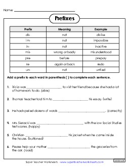 Add Prefix to complete sentences Prefixes Suffixes Worksheet