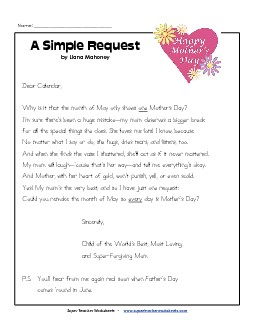 A Simple Request (Mother\'s Day) Poems Worksheet