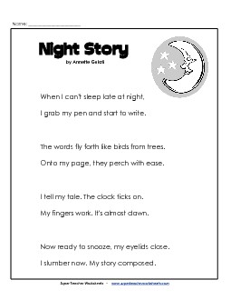 Night Story 4th Grade Reading Comprehension Worksheet