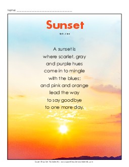 Sunset Poem 4th Grade Reading Comprehension Worksheet