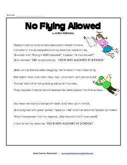 No Flying In School 3rd Grade Reading Comprehension Worksheet