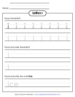 Lowercase i (Tracing Dotted Line) Printing Worksheet