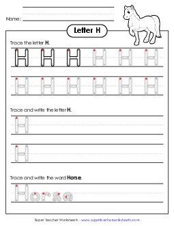 Uppercase H (Outlined Letters) Printing Handwriting Worksheet