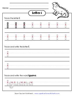 Lowercase i (Outlined Letters) Printing Handwriting Worksheet