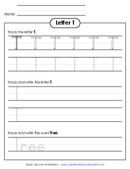 Uppercase T (Tracing Dotted Line) Printing Worksheet