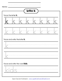 Lowercase k (Tracing Dotted Line) Printing Worksheet