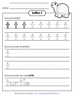 Lowercase t (Outlined Letters) Printing Handwriting Worksheet