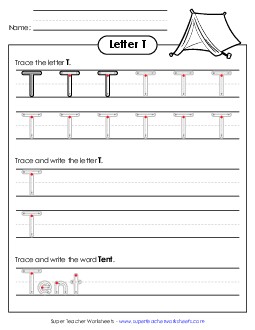 Uppercase T (Outlined Letters) Printing Handwriting Worksheet