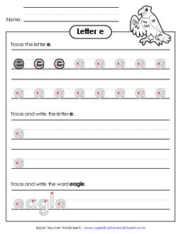 Lowercase e (Outlined Letters) Printing Handwriting Worksheet