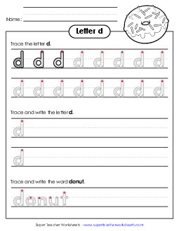 Lowercase d (Outlined Letters) Printing Handwriting Worksheet