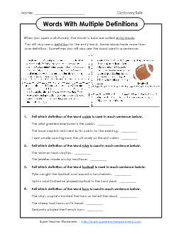 Words With Multiple Definitions Dictionary Skills Worksheet