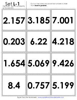 Ordering: Card Sort Game - Thousandths Place Value Worksheet