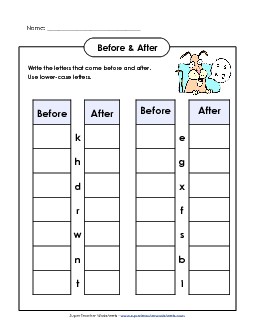 Before and After (Lower-Case) Alphabetical Order Worksheet