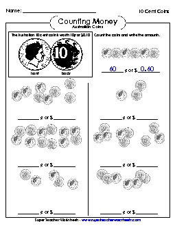 Counting Ten Cent Coins Free Money Australian Worksheet