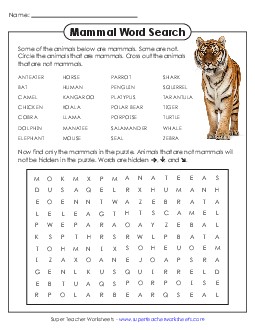 Mammal Word Search Wordsearch Worksheet