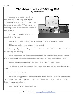 Adventures of Crazy Cat 3rd Grade Reading Comprehension Worksheet