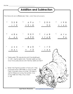 Addition & Subtraction (3-Digit) Thanksgiving Worksheet