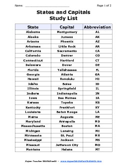 List of States and Capitals  Worksheet