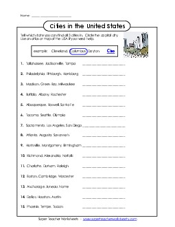 U.S. Cities & Capitals Geography Worksheet