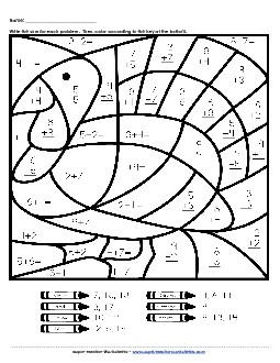 Basic Addition Mystery Picture - Turkey Worksheet