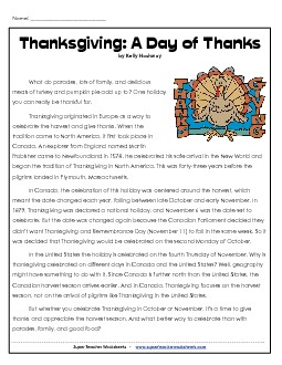 A Day of Thanks (Non-Fiction) 4th Grade Reading Comprehension Worksheet