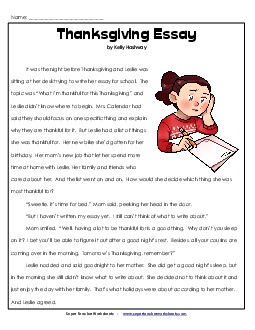 The Thanksgiving Essay (Fiction) 3rd Grade Reading Comprehension Worksheet