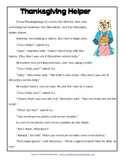 Thanksgiving Helper (Fiction) 1st Grade Reading Comprehension Worksheet