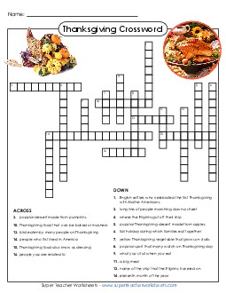 Thanksgiving Crossword Puzzle Holiday Worksheet