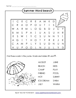 Word Search Puzzle - Summer (Easy) Free Wordsearch Worksheet