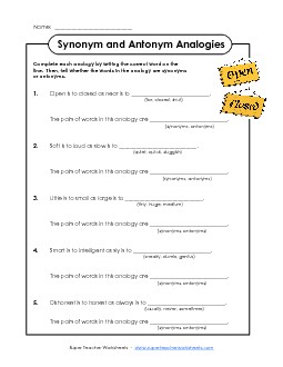 Synonym & Antonym Analogies Synonyms Antonyms Worksheet